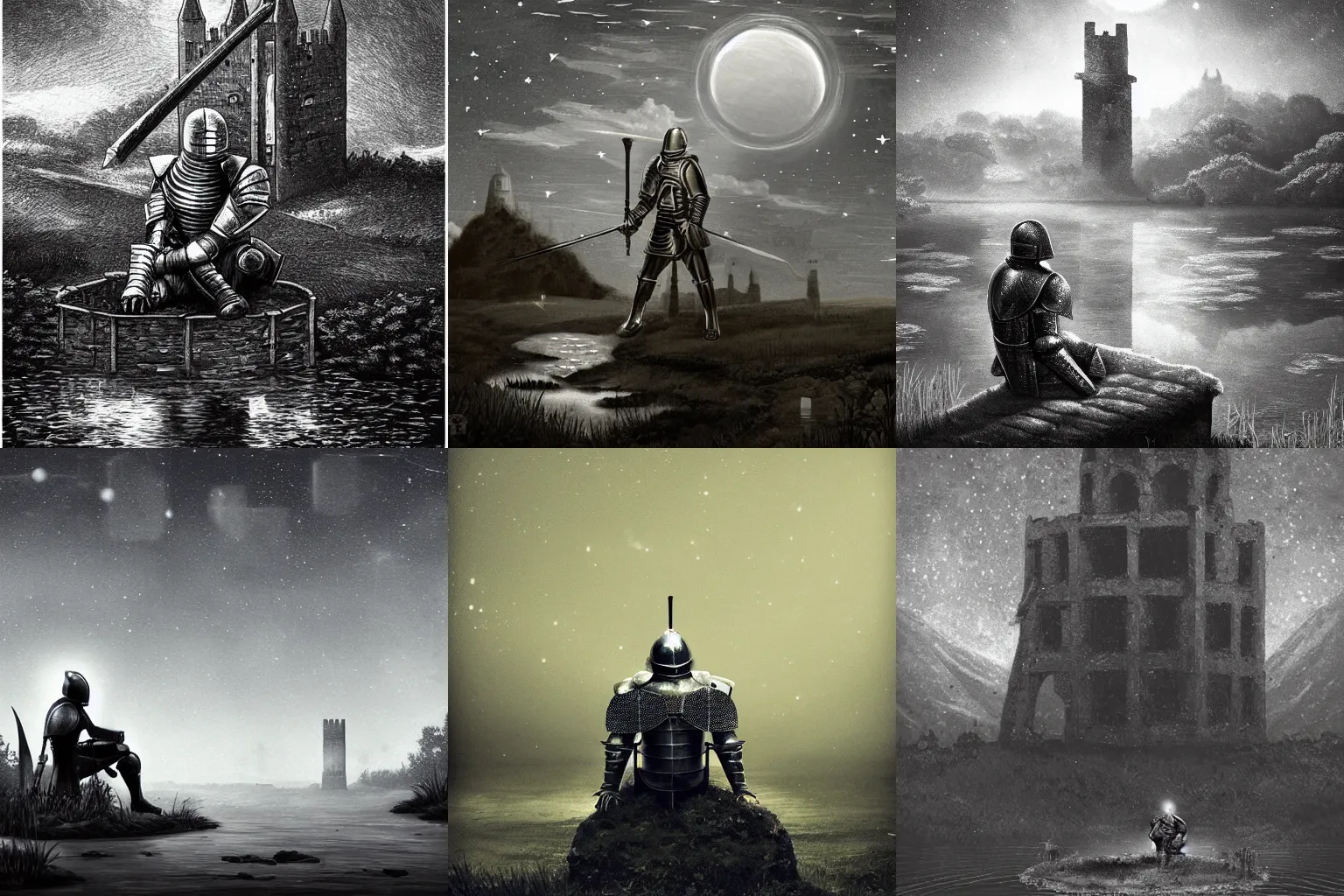 Prompt: a knight in full plate armor, sitting on his knees in a small pond, with a crumbling tower in the background, and stars in the night sky. Monochromatic, dreamlike, by Hakob Minasian