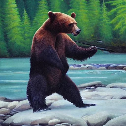 Prompt: oil painting, bear stretching out its arm to catch a salmon alongside a river in Alaska, high detail