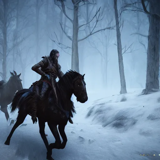 Prompt: the wild hunt, spectres of the night, otherworldly wraiths, bad omens, riding, blizzard chaotic storm, enchanted forest, fog, snow, ice, dreamy, witcher 3, cinematic, breathtaking, vfx, physically based rendering, unreal 5, cgi, concept art, trending in artstation, 8 k, uhd, dark fantasy