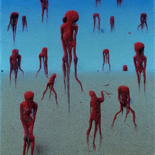 Prompt: people with blood all over them, sea made of the blood, ground is made from gravel, clear blue sky, gravel ground, beksinski style