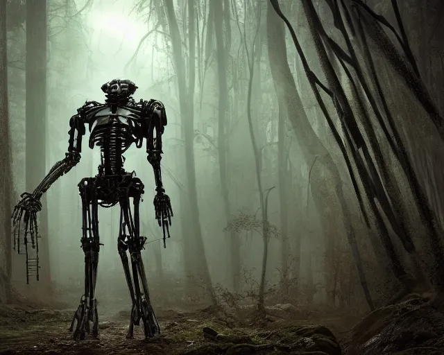 Prompt: photo of a terminator general grievous with heavy duty biomechanical hydraulic cybernetic body and 4 drawn lightsabers in the forest. cyberpunk horror style. highly detailed 8 k. intricate. nikon d 8 5 0 5 5 mm. award winning photography. art by hr giger and zdzislaw beksinski in the style of hzd