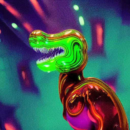 Prompt: portrait of a plasma energy tron murano candy glass baby dinosaur designed by david chihuly. made up of glowing swirling electric pixels. tron world background. photo still by annie liebowitz