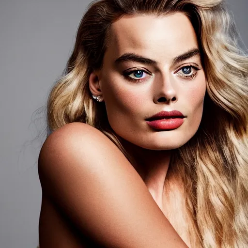 Image similar to Margot Robbie bust, soft lighting, sharp details, warm colors, studio portrait