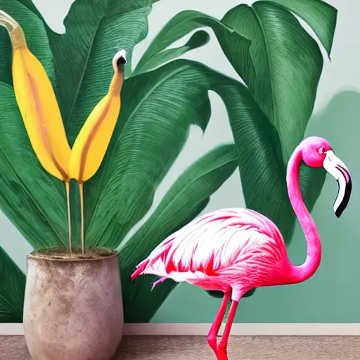 Image similar to photorealistic portrait of pink flamingo in front banana plants and a flamingo print wall, 5 0 mm uhd by annie leibovitz