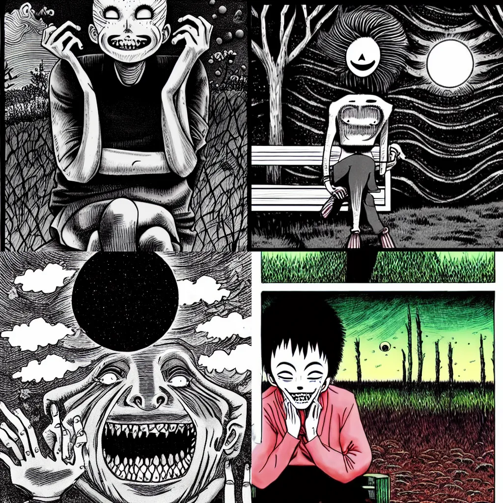 Prompt: in the style of Junji Ito:: a man sitting on a park bench smiling:: bushes with sweaty eyes:: a darkness descending:: fear horror disgust:: a broken moon