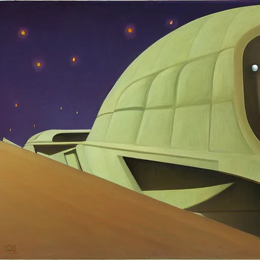 Prompt: sci - fi space ship rounded corridor, grant wood, pj crook, edward hopper, oil on canvas