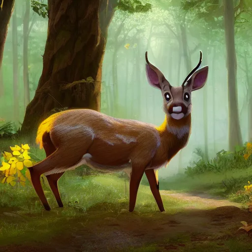 Prompt: concept art painting of an anthropomorphic humanoid elderly chubby doe deer wearing yellow robes, in the deep forest, realistic, detailed, cel shaded, in the style of makoto shinkai and greg rutkowski and james gurney