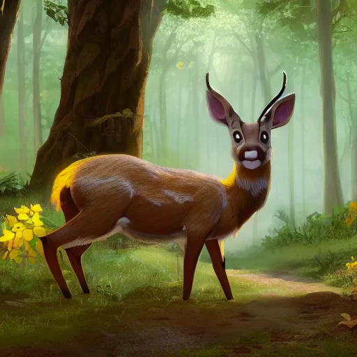 Image similar to concept art painting of an anthropomorphic humanoid elderly chubby doe deer wearing yellow robes, in the deep forest, realistic, detailed, cel shaded, in the style of makoto shinkai and greg rutkowski and james gurney