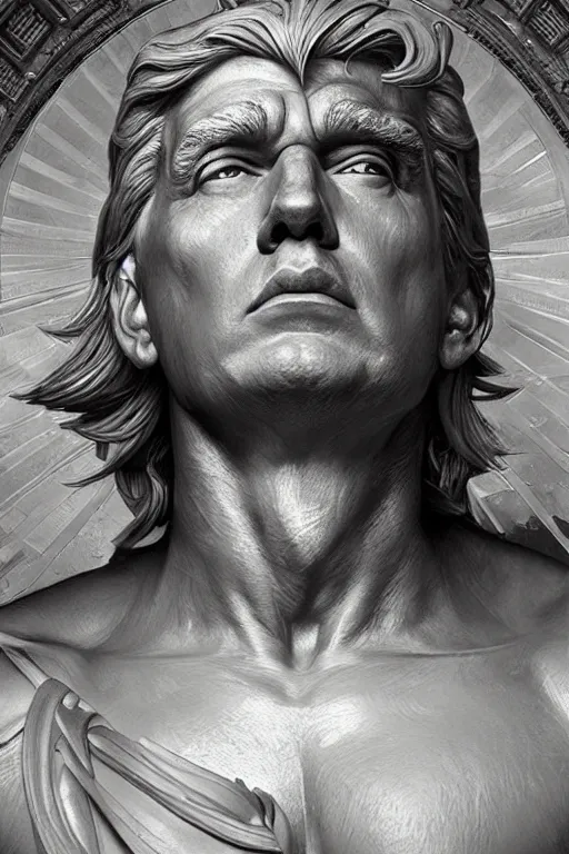 Image similar to President Donald J Trump as a Greek god, detailed face, gorgeous, amazing, muscular, fit, very muscular male body, Caesar victorious, crown ruler, intricate, highly detailed, digital painting, artstation, concept art, sharp focus, illustration, art by greg rutkowski and alphonse mucha