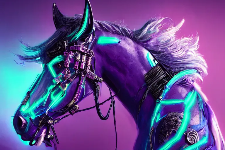Prompt: a stunning cyberpunk horse with bioluminescent mane and tail by sandra chevrier and greg rutkowski, neon hooves, purple blue color scheme, vaporware, retro, outrun, high key lighting, volumetric light, digital art, highly detailed, fine detail, intricate, ornate, complex, octane render, unreal engine, photorealistic