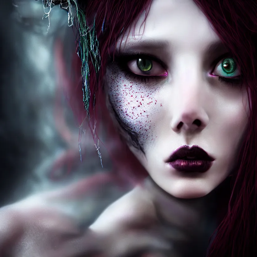 Image similar to single faced portrait of enchanting femenine witch, hyper attractive, seductive, very complex, hyper - maximalist, overdetailed, legendary cinematic, darkfantasy, archetype with timeless beauty breathtaking eyes, highly intricate, realism, perspicious detail, silent hill aesthetic, photorealistic, lifelike, dslr 8 k, unbeatable coherency, octane render