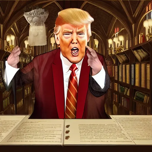 Prompt: trump as professor dumbledore giving a speech in the dining room in hogwarts, detailed, intricate, digital art