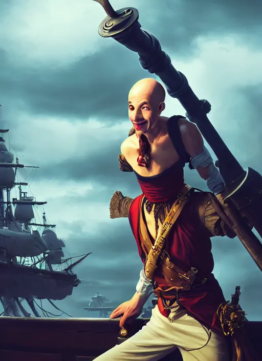 Image similar to An epic fantasy comic book style portrait painting of a skinny white bald sky-pirate with a goofy expression sitting in front of a ship's cannon, unreal 5, DAZ, hyperrealistic, octane render, cosplay, RPG portrait, dynamic lighting