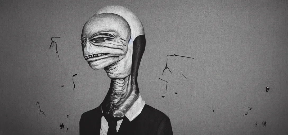 Prompt: alien in suit among people, people didn't notice, alien in xx, classic alien, grey alien, dutch style painting, high definition, fine art photography, street photography, monochrome