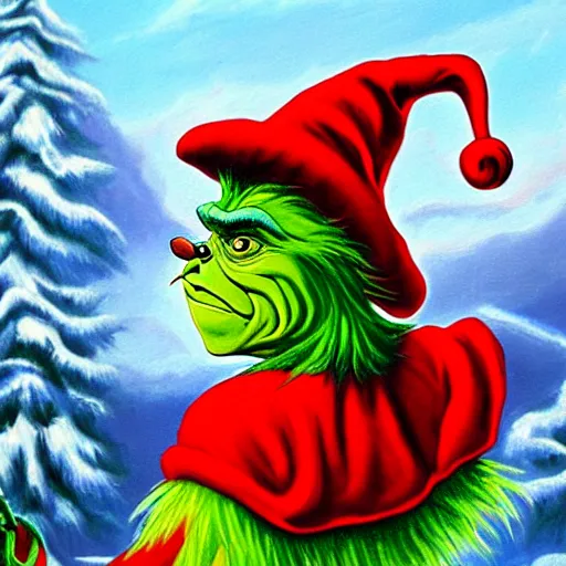 Image similar to a painting of the grinch dressed as a highwayman robbing a stagecoach