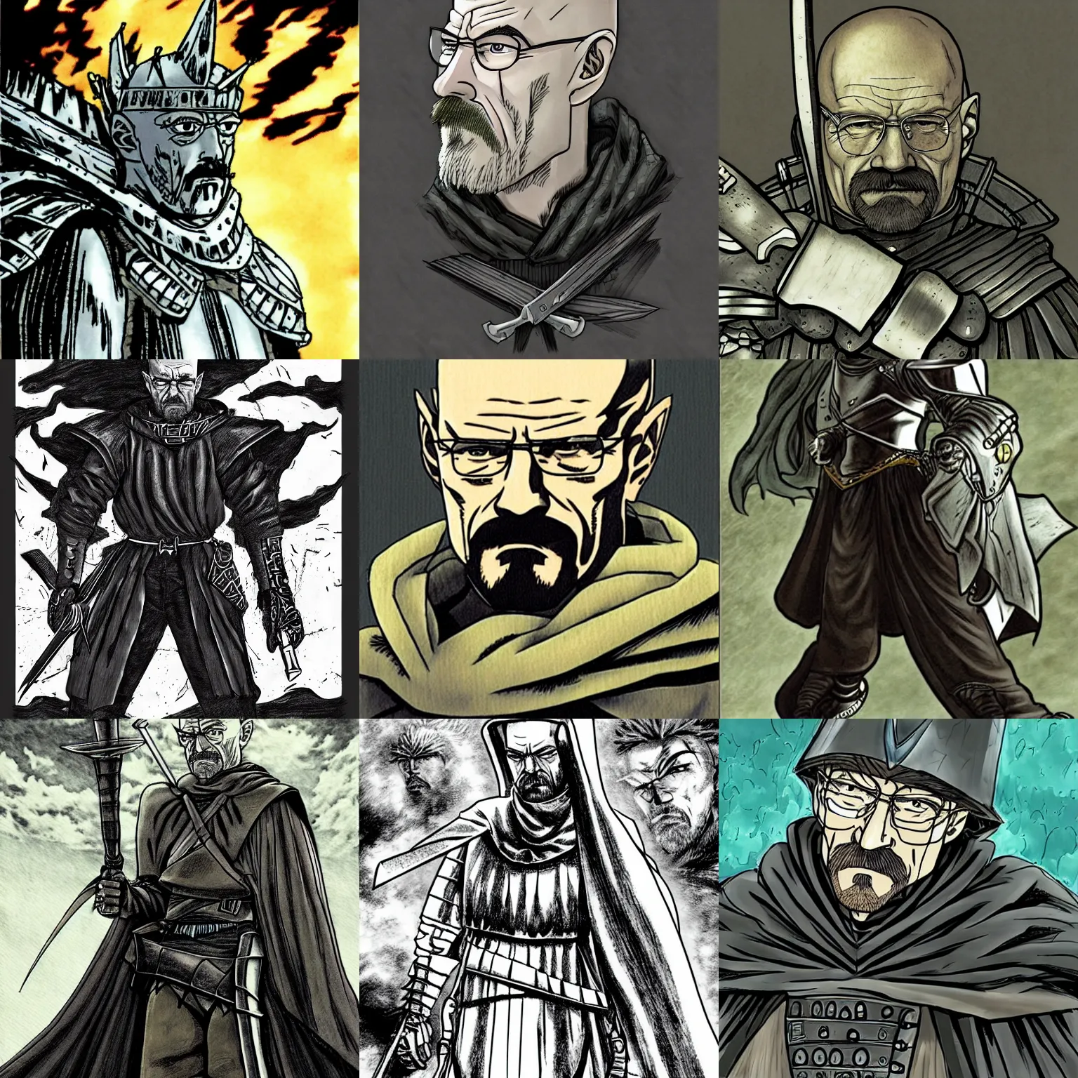 Prompt: Walter White as a knight in the style of Berserk, by Kentaro Miura