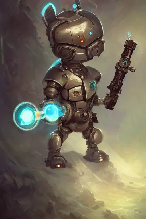 Image similar to cute little robot with a plasma machine gun, tiny, small, miniature , short, pale blue armor, cute and adorable, pretty, beautiful, DnD character art portrait, matte fantasy painting, DeviantArt Artstation, by Jason Felix by Steve Argyle by Tyler Jacobson by Peter Mohrbacher, cinematic lighting