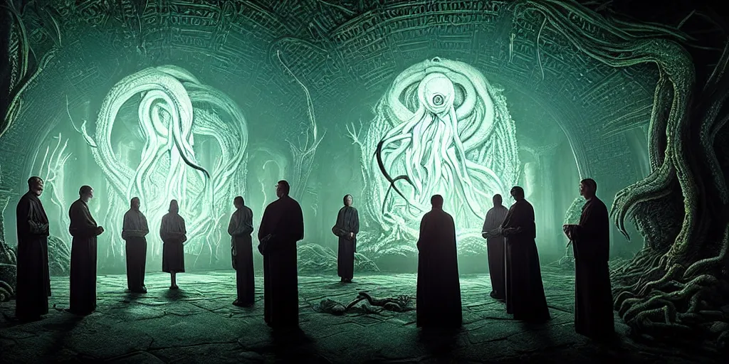 Prompt: portrait of circle group of priests invoking ritual in front of a giant lovecraft creature, intricate, glowing lights, highly detailed, sharp focus, wide - angle, atmospheric lighting, rich deep colors masterpiece, volumetric lighting, beautiful, rich deep colors masterpiece, sharp focus, ultra detailed by leesha hannigan, thierry doizon, kai carpenter