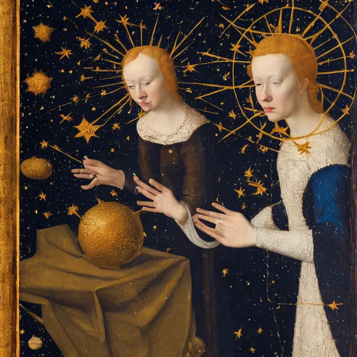 Image similar to a woman trapped in a star, early netherlandish painting