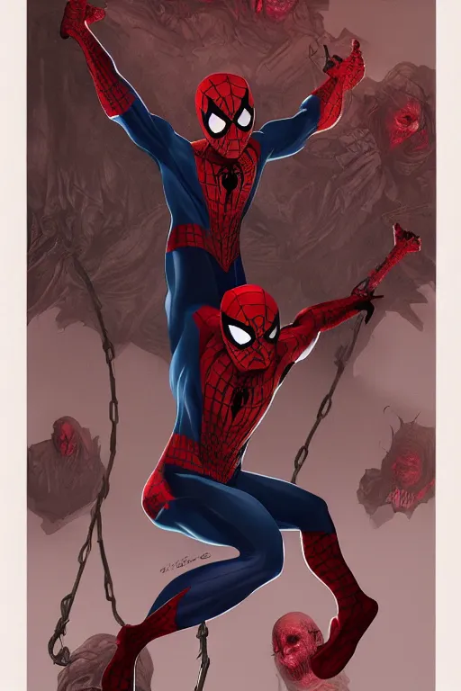 Image similar to spiderman in sleepy hollow, full body, big two toned eyes, teeth gritted, horror, intricate details, cinematic, epic, realistic, anatomy, tomer hanuka, uplight, artstation, photorealistic, scary