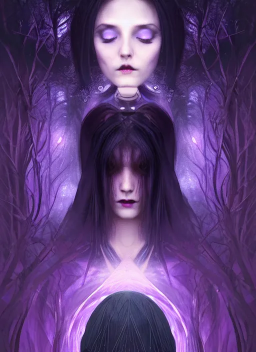 Prompt: background is moon many light effects, symmetrical centered portrait dark witch, large cloak, fantasy forest landscape, dragon scales, fantasy magic, undercut hairstyle, short purple black fade hair, dark light night, intricate, elegant, sharp focus, digital painting, concept art, matte, art by wlop and artgerm and greg rutkowski and alphonse mucha, masterpiece