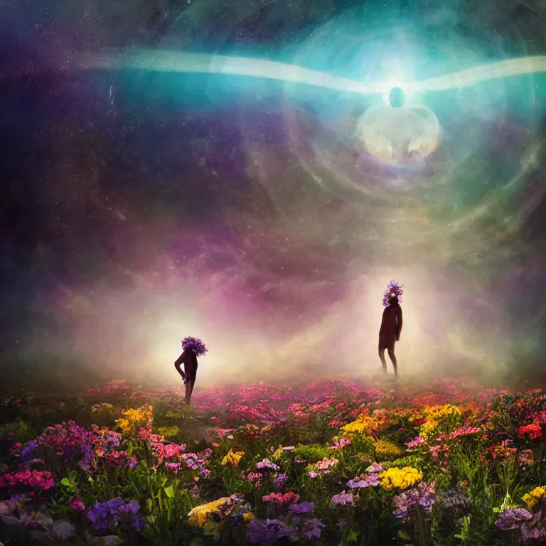 Image similar to a planet of various flowers, fungus and plants, in which the singular human figure is dressed in something magical and impressive, inside the picture is infinity, sunset light, Atmospheric phenomenon, artistic photography, muted colors, conceptual, long exposure outside the city, volumetric light