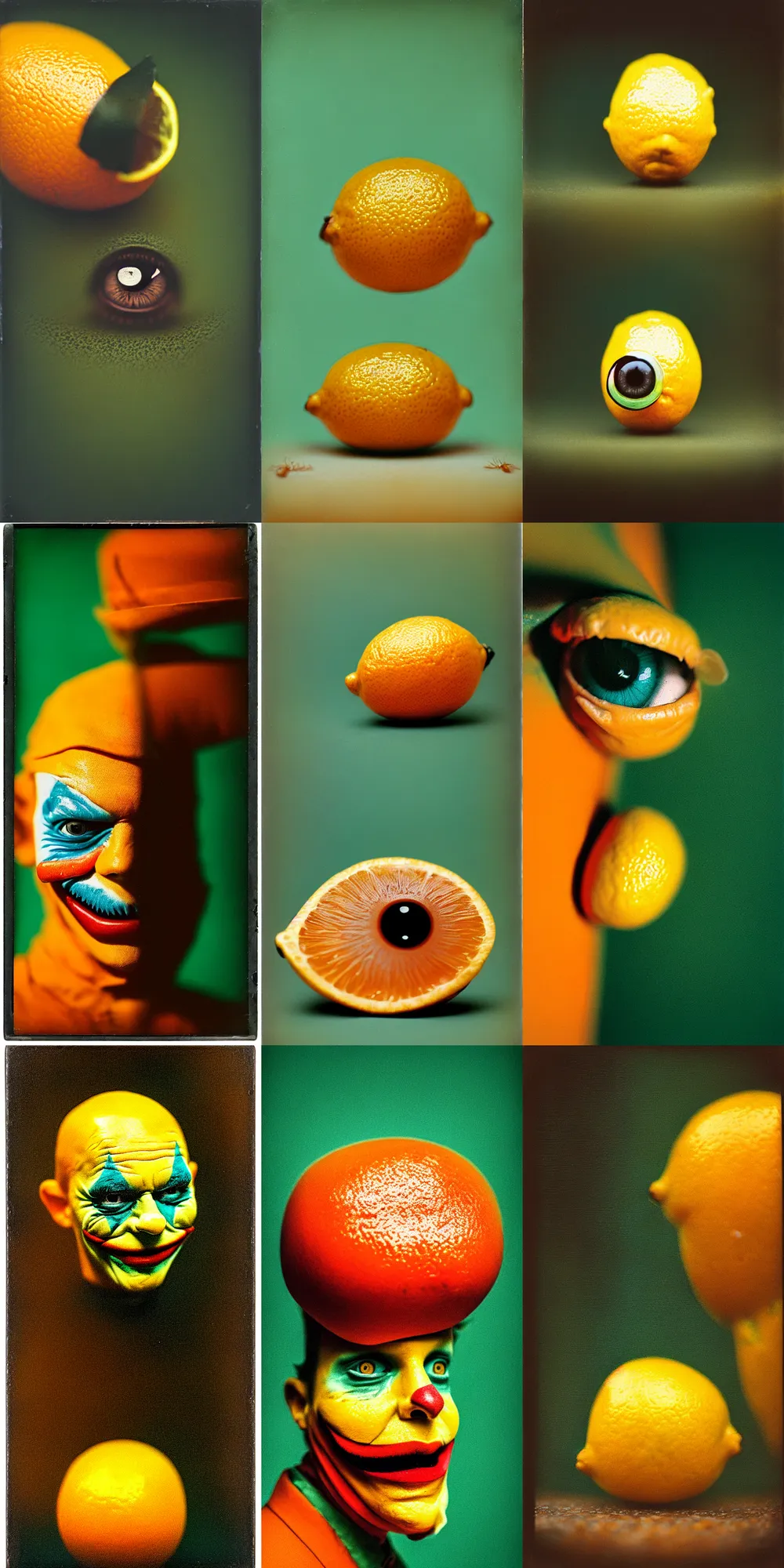 Image similar to kodak portra 4 0 0, wetplate, ant's eye view, 8 k, shot of a highly detailed, britt marling style, colour still - life portrait of a lemon looks like 1 9 9 9 joker, motion blur, teal and orange, muted coloures