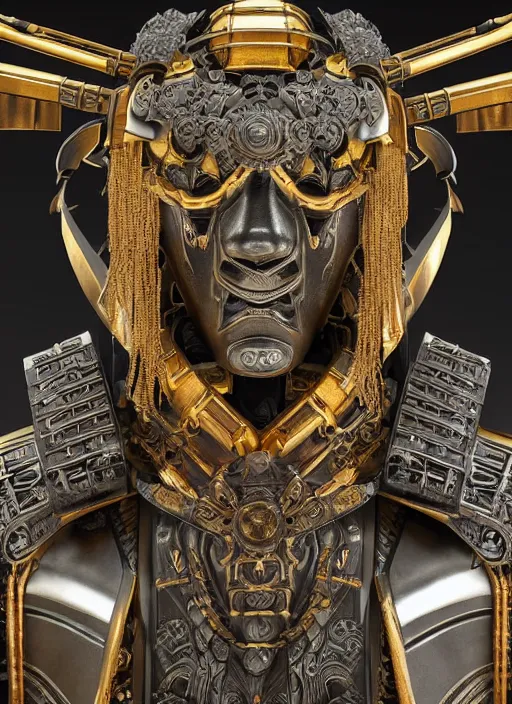 Image similar to hyper realistic glorious ancient samurai in a obsidian metal armor, futuristic design, designed by makoto kobayashi and luca zampriolo, portrait, cyberpunk style, wood and gold details, intricate, extremely detailed, ornate, deep of field, hard surface, exoskeleton, substance designer metal unreal engine. amazing likeness. very detailed.