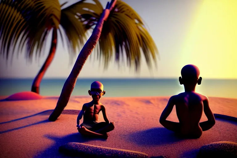 Image similar to gandhi with a big head and a small body, at the beach, sitting on the sand next to a campfire, with palm trees in the back, intricate detail, trending on artstation, sharp focus, illustration, caustics, octane render, radiant light, 4 k
