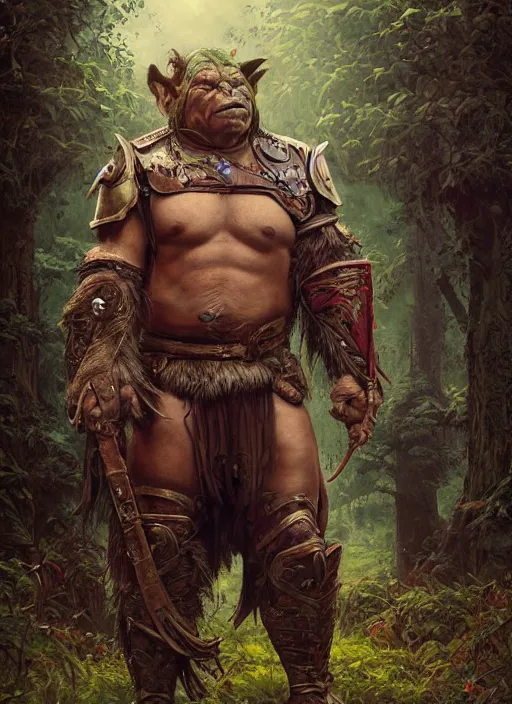 Image similar to a portrait painting of an elder male orc fighter in leather armour on a beautiful lush forest meadow, morning, art by Tristan Eaton, Stanley Artgerm, Tom Bagshaw, Greg Rutkowski, Carne Griffiths