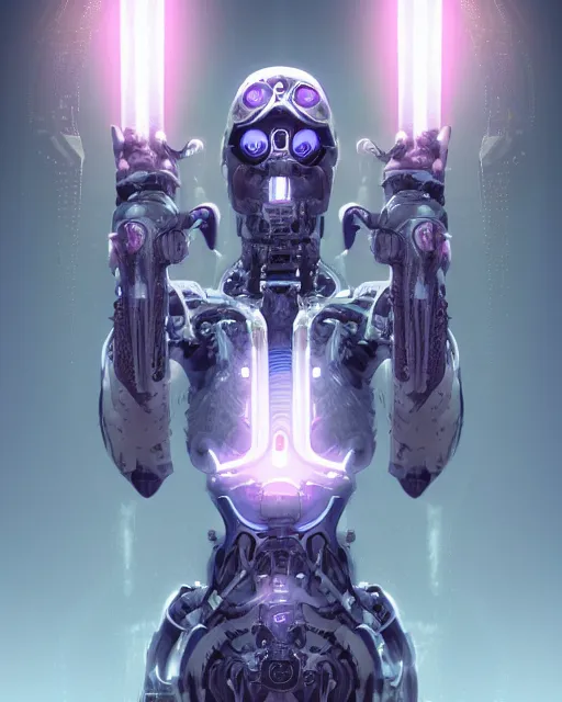 Image similar to benevolent android necromancer, aura of light, intelligent, friendly, artificial intelligence, scifi, futuristic, highly detailed, trending on artstation, advanced technology, art by vitaly bulgarov and nivanh chanthara and lance wilkinson