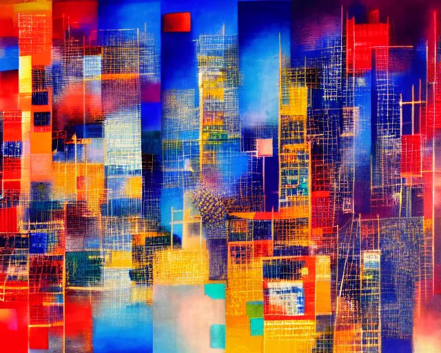 Image similar to an abstract picture of a city at night, an abstract painting by otake chikuha, pixiv, lyrical abstraction, mixed media, cityscape, dynamic composition