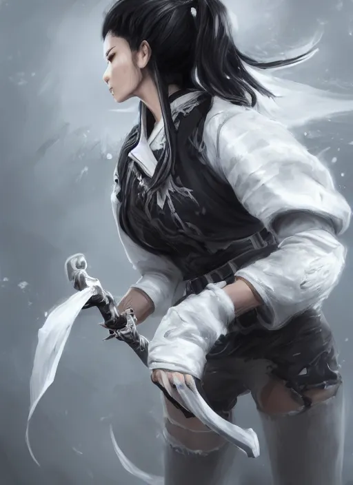 Prompt: a highly detailed illustration of fierce messy ponytail black haired one armed delinquent japanese woman wearing white cap wearing long white jacket cape, dramatic wielding sword pose, muscular, intricate, elegant, highly detailed, centered, digital painting, artstation, concept art, smooth, sharp focus, league of legends concept art, wlop.