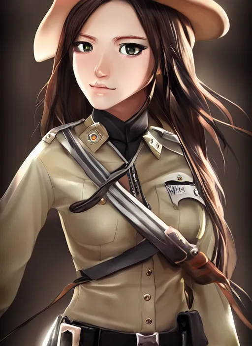 Prompt: full size persona, female sheriff, global lighting, detail, ultra sharpness, beautiful female, detailed face, art by huyy nguyen, by anime style