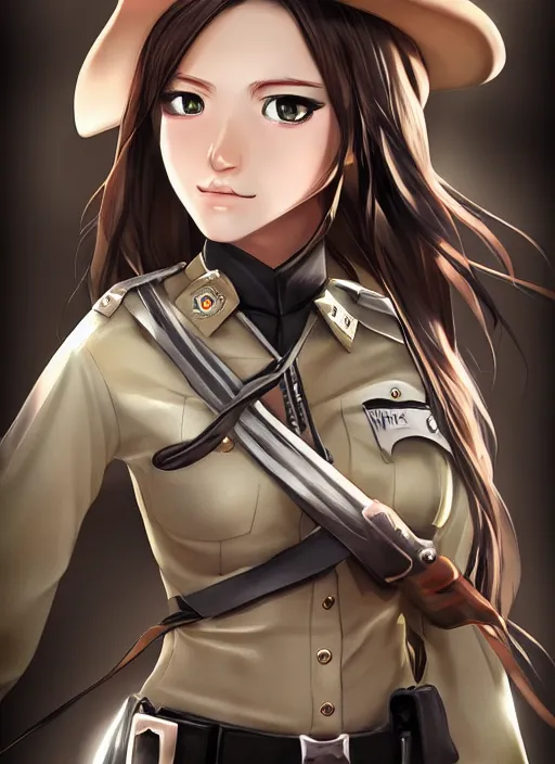 Image similar to full size persona, female sheriff, global lighting, detail, ultra sharpness, beautiful female, detailed face, art by huyy nguyen, by anime style