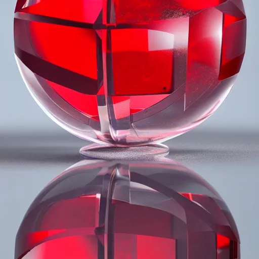 Image similar to transparent cube half filled with red liquid inside in a transparent sphere