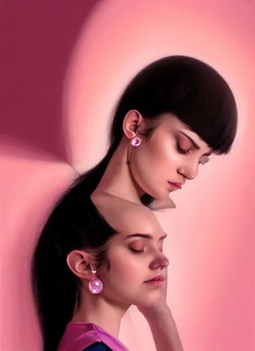 Image similar to portrait of teenage girl, narrow face, black hair, bangs, half updo hairstyle, pointy nose, skinny, unattractive, defined jawline, big chin, pink hair bow, hoop earrings, intricate, elegant, glowing lights, highly detailed, digital painting, artstation, sharp focus, illustration, art by wlop, mars ravelo and greg rutkowski