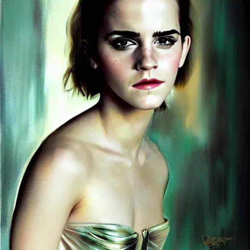 Image similar to close up of emma watson in latex, cinematographic shot, by daniel f. gerhartz