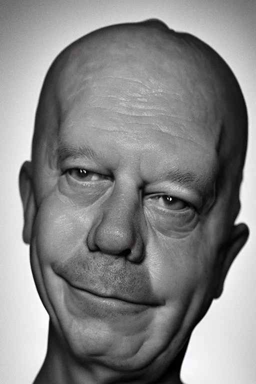 Image similar to studio portrait of man that looks excactly like homer simpson, lookalike, as if homer simpson came to life, soft light, black background, fine details, close - up, award winning photo by lisa kristine