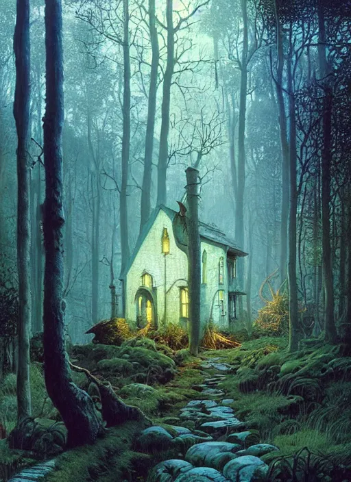 Image similar to hyper realistic witch cottage with mood lighting and technology in the woods gorgeous lighting, sunbeams blue sky, highly detailed, lush forest foliage painting by zdzisław beksinski and norman rockwell and greg rutkowski weta studio, and lucasfilm