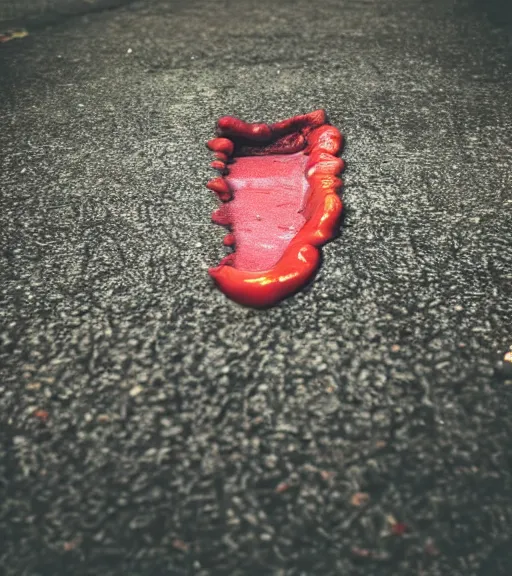 Prompt: phone photography of a mouth open on the ground, realistic photo, phone, looming, colorful, daytime, eerie,