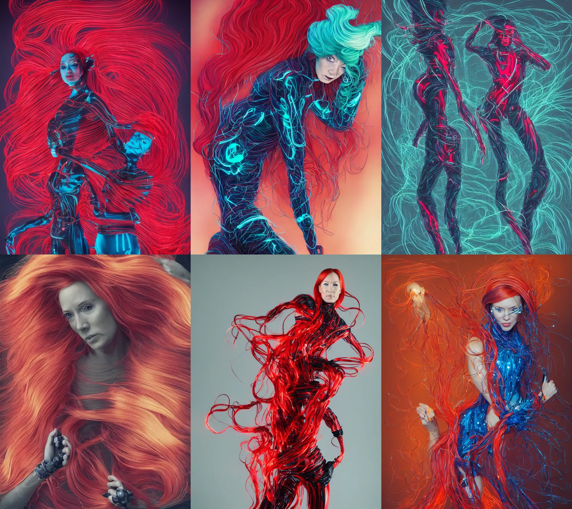 Prompt: glamour photo composition : (subject= 'Jen Psaki combat pose' subject detail= red fiber optic hair, wearing bodysuit made of wide loose ribbons of biomechanical bioluminescent glass) in the style of Artgerm and (tooth wu) and (dan mumford) and (beeple) and (wlop) and (rossdraws) and (James Jean) and (((Andrei Riabovitchev))) and ((Marc Simonetti)) and (yoshitaka Amano)