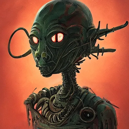 Image similar to minimalist cyborg goblin with maniacal expression and bulging eyes inside byzantine hong kong hoarder labaratory, portrait by by greg rutkowski and h. r. giger and stalenhag and deak ferrand, studio ghibli composition
