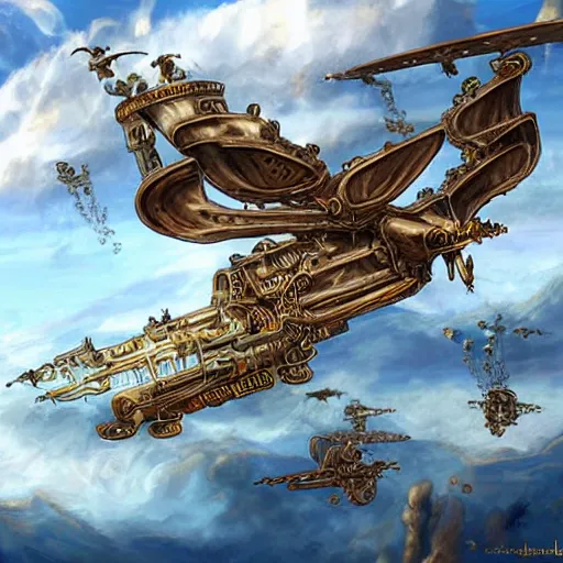 Prompt: steampunk skyships flying through clear blue skies, epic fantasy art style HD