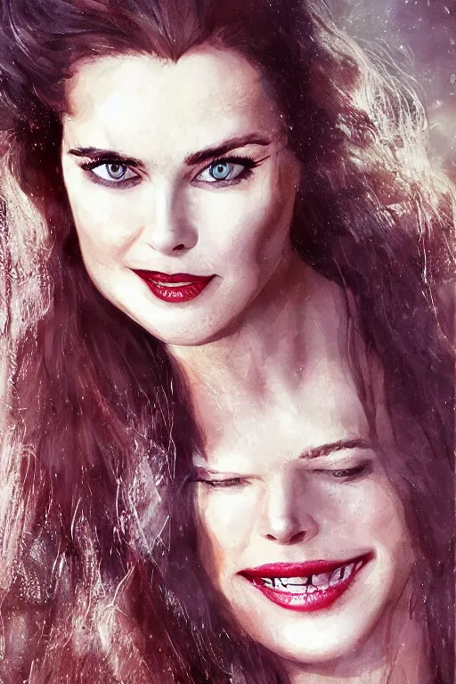 Image similar to mix of beautiful young maria shriver, mariel hemmingway, brooke shields, nicole kidman and elle macpherson as a vampire showing vampire teeth, ready to bite, thin lips, hair tied up in a pony tail, dark blonde hair, colorful, deviantart, artstation, cgsociety