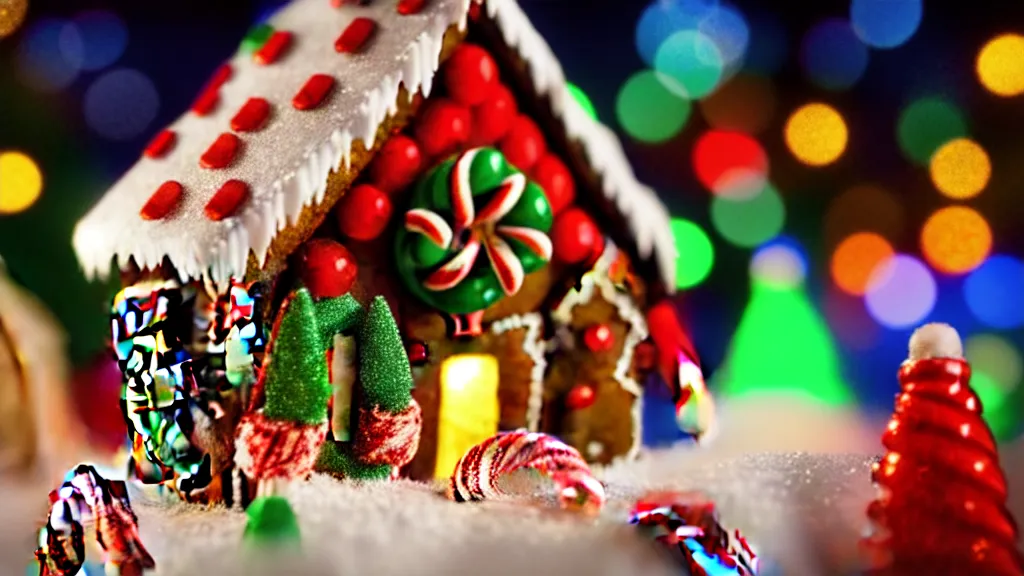 Image similar to closeup of colorful miniature gingerbread house at night, gingerbread people, candy canes, forest, christmas, snow, bokeh, depth of field 1 0 0 mm, cinematic scene, studio quality, visually stunning, unreal engine, octane render