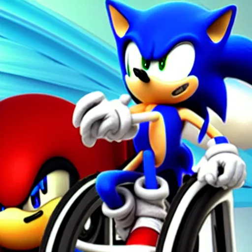 Prompt: geriatric sonic the hedgehog in a wheelchair, Sega video game