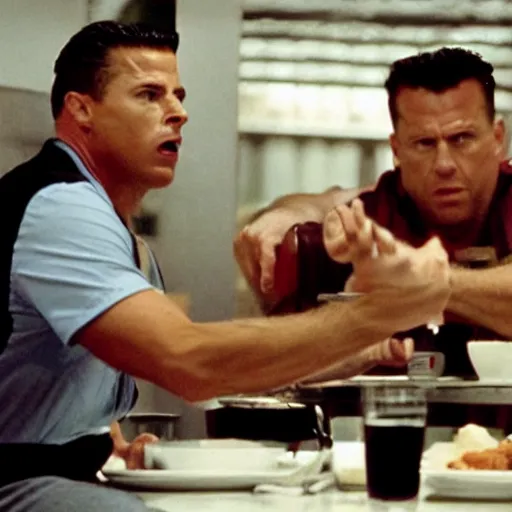 Image similar to movie still of the diner scene in the movie Heat, rendering of cristiano ronaldo as mccauley,