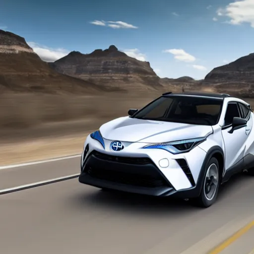 Image similar to toyota chr on a road, hyperrealistic render, new model