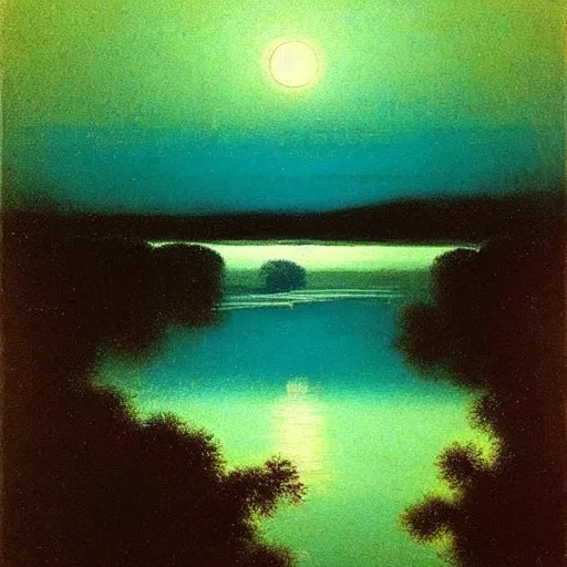 Prompt: moon light reflecting off of a winding river, arkhip kuindzhi painting, teal palette